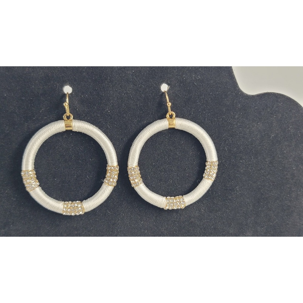 Thread Wrapped Studded Rhinestone White Hoop Earrings Elegant Fancy Gold Tones